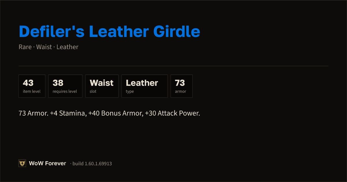 The preview card for Defiler's Leather Girdle (Item level 43)