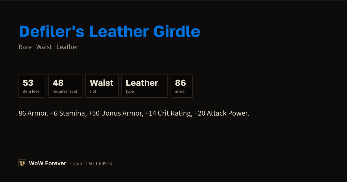 The preview card for Defiler's Leather Girdle (Item level 53)