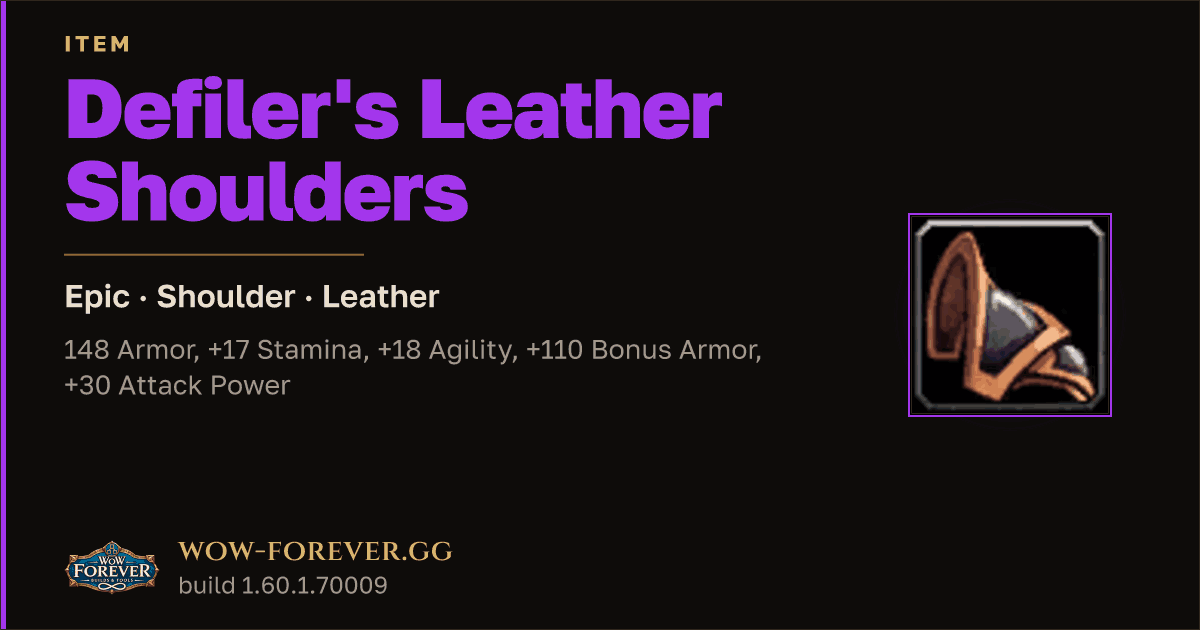 The preview card for Defiler's Leather Shoulders - Epic Leather Shoulder