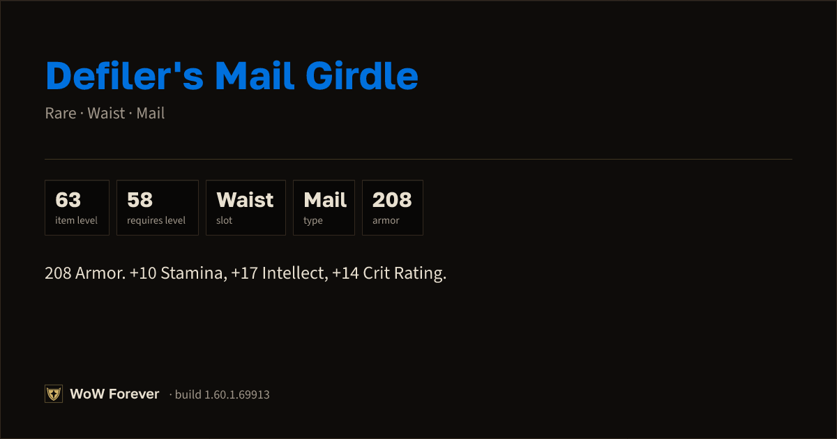 The preview card for Defiler's Mail Girdle (Item level 63)