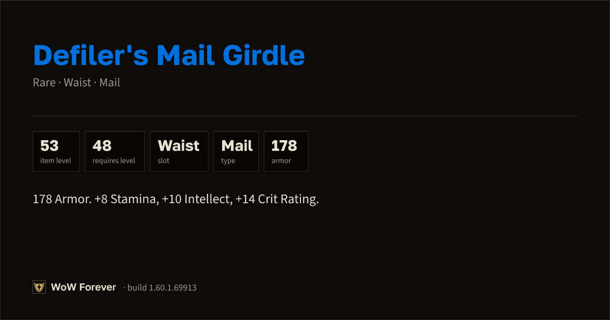 The preview card for Defiler's Mail Girdle (Item level 53)