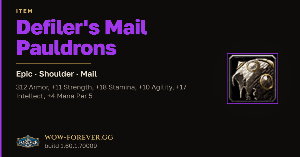 The preview card for Defiler's Mail Pauldrons - Epic Mail Shoulder