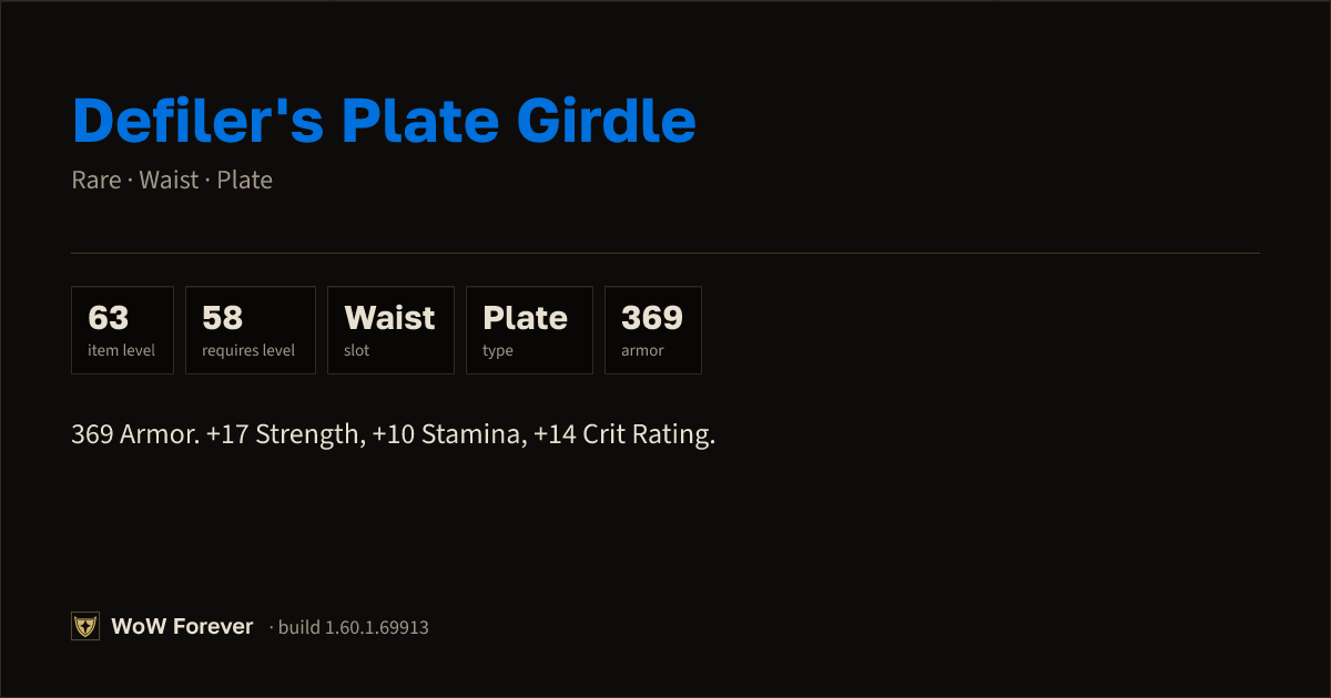 The preview card for Defiler's Plate Girdle (Item level 63)