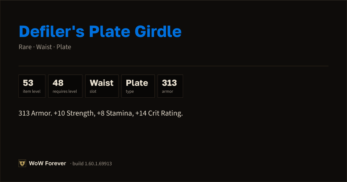 The preview card for Defiler's Plate Girdle (Item level 53)