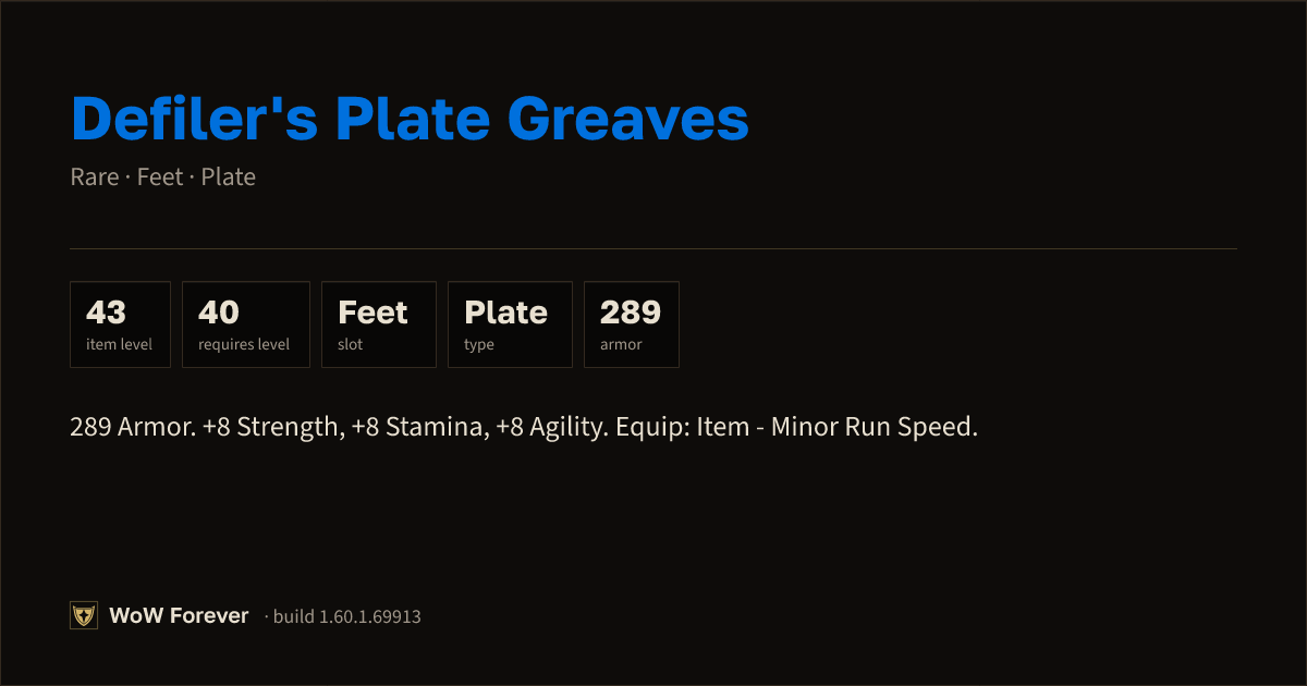 The preview card for Defiler's Plate Greaves (Item level 43)