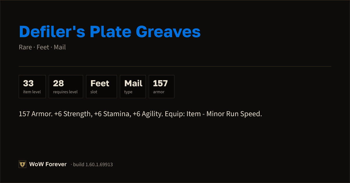 The preview card for Defiler's Plate Greaves - Rare Mail Feet
