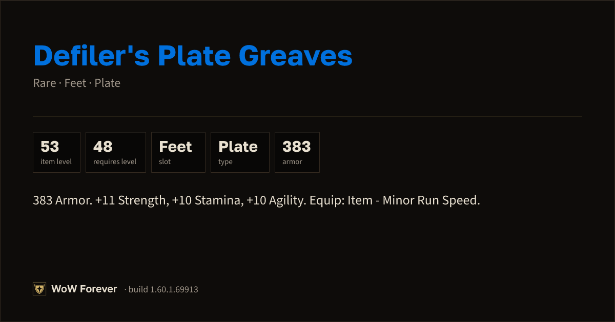 The preview card for Defiler's Plate Greaves (Item level 53)