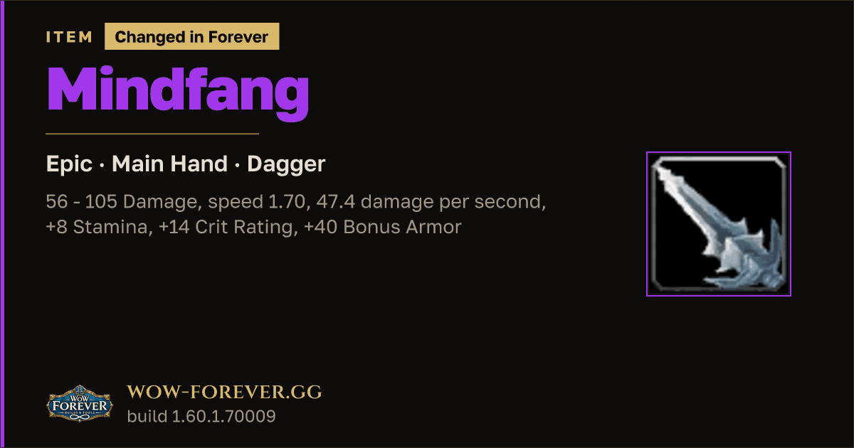 The preview card for Mindfang - Epic Main-Hand Dagger, Item Level 65