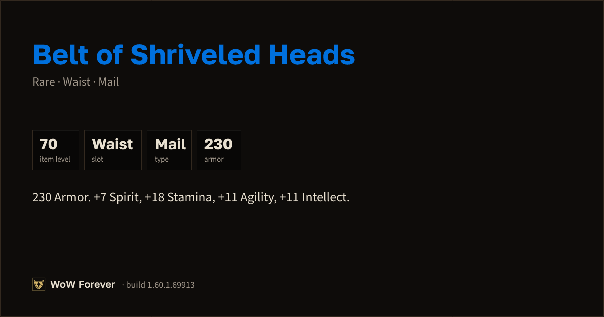 The preview card for Belt of Shriveled Heads - Rare Mail Waist