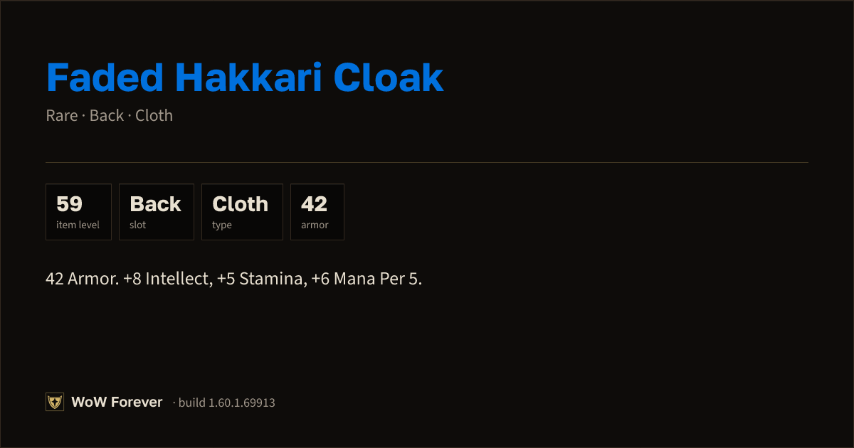 The preview card for Faded Hakkari Cloak - Rare Cloak, Item Level 59