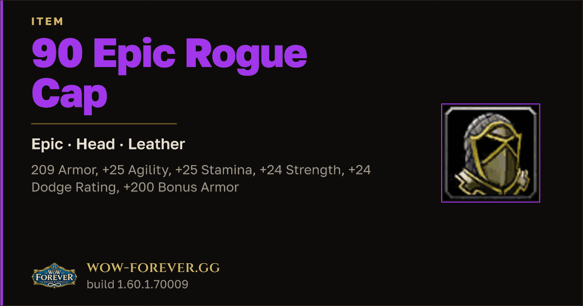 The preview card for 90 Epic Rogue Cap - Epic Leather Head