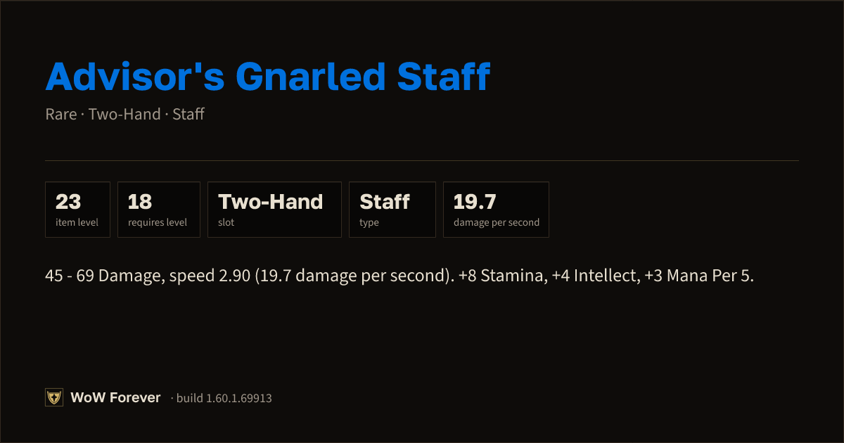 The preview card for Advisor's Gnarled Staff (Item level 23)