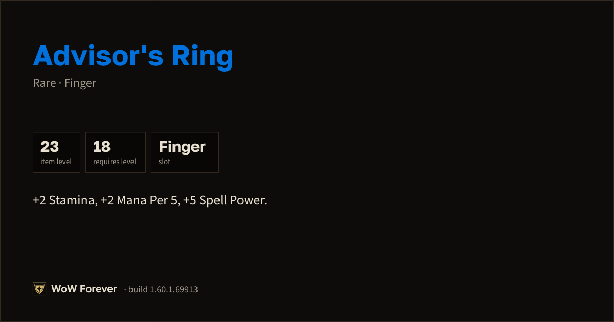 The preview card for Advisor's Ring - Rare Ring, Item Level 23