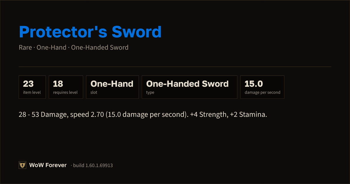 The preview card for Protector's Sword (Item level 23)
