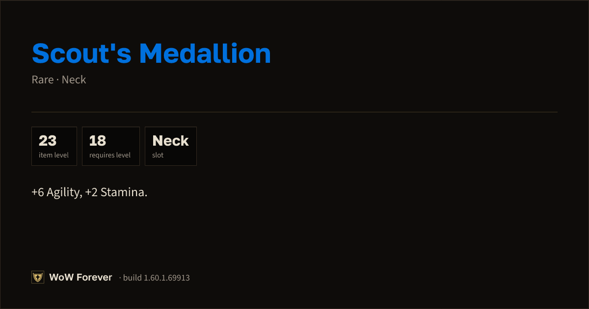 The preview card for Scout's Medallion - Rare Necklace, Item Level 23
