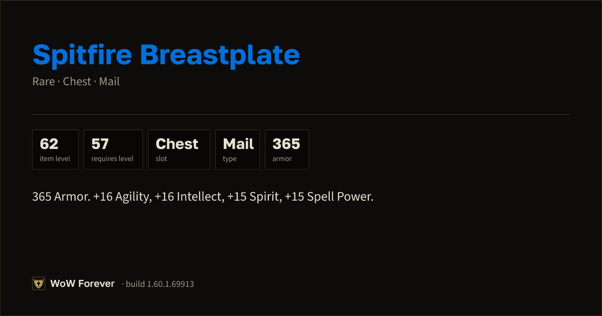 The preview card for Spitfire Breastplate - Rare Mail Chest