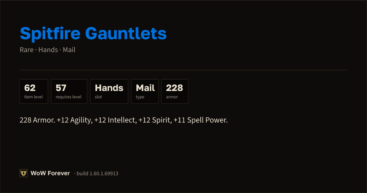 The preview card for Spitfire Gauntlets - Rare Mail Hands, Item Level 62