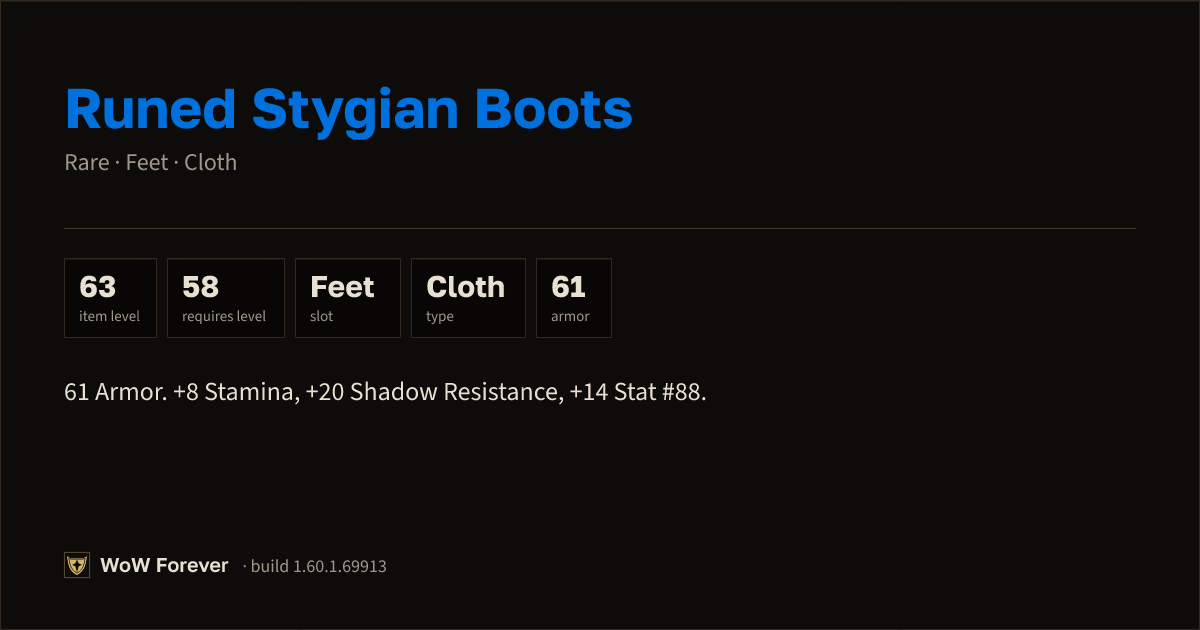 The preview card for Runed Stygian Boots - Rare Cloth Feet