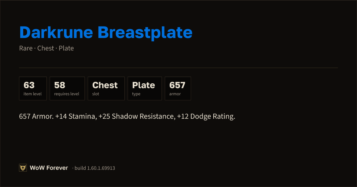 The preview card for Darkrune Breastplate - Rare Plate Chest