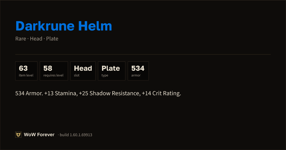 The preview card for Darkrune Helm - Rare Plate Head, Item Level 63