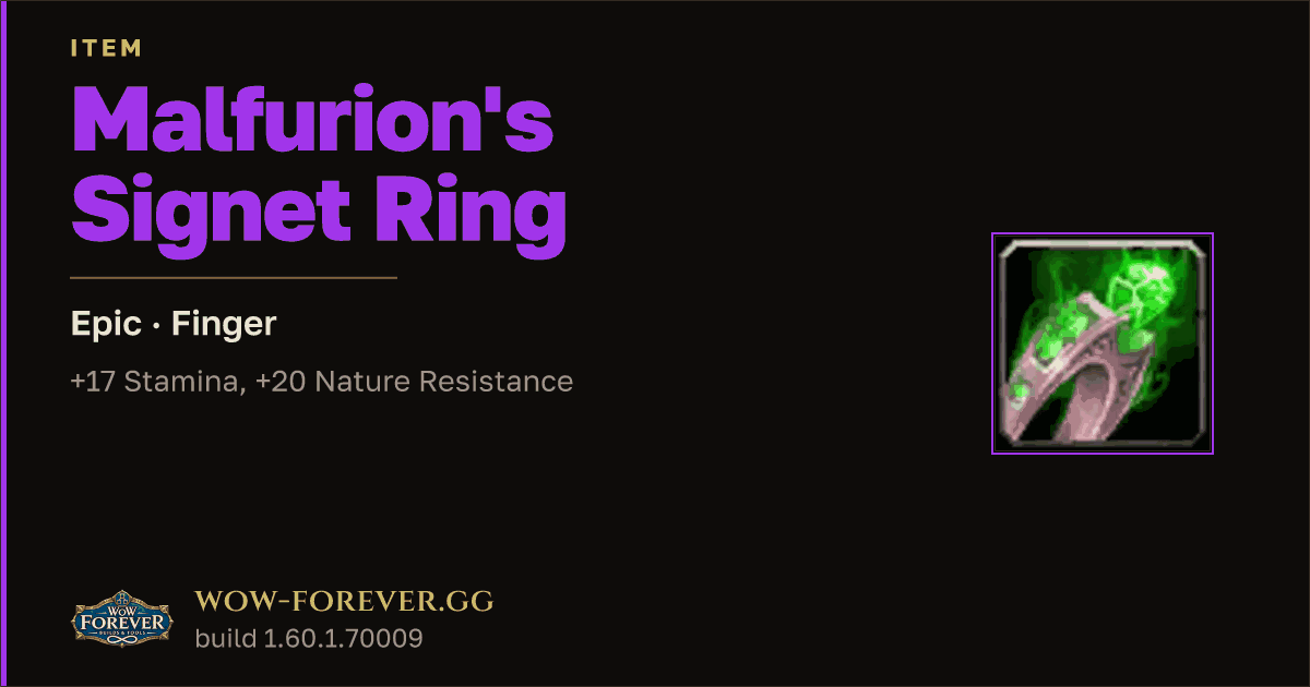 The preview card for Malfurion's Signet Ring - Epic Ring, Item Level 72
