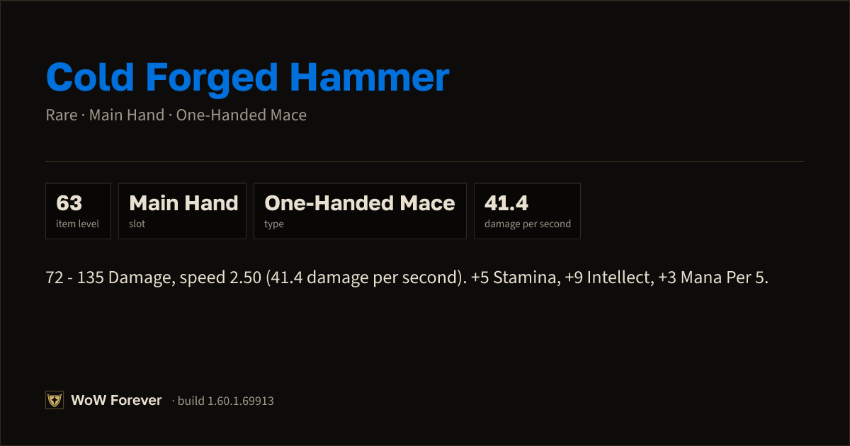 The preview card for Cold Forged Hammer - Rare Main-Hand Mace