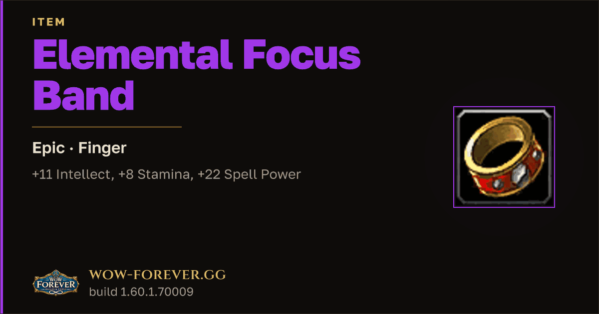The preview card for Elemental Focus Band - Epic Ring, Item Level 65