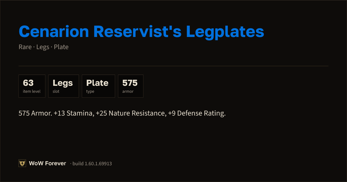 The preview card for Cenarion Reservist's Legplates (+13 Stamina, +25 Nature Resistance, +9 Defense Rating)