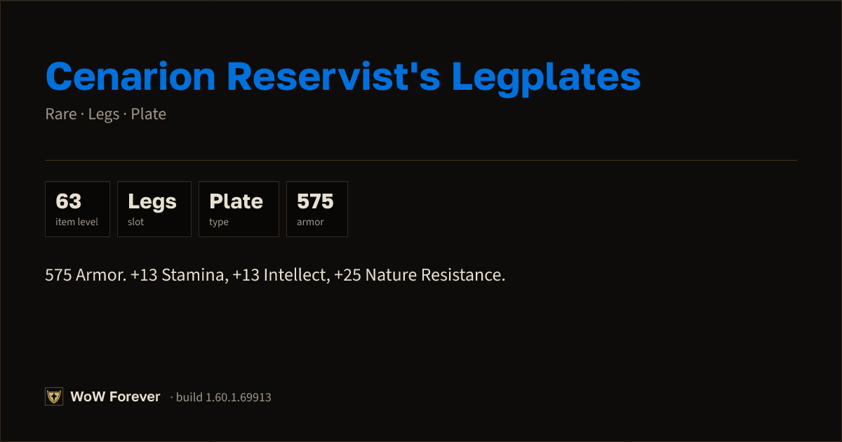 The preview card for Cenarion Reservist's Legplates (+13 Stamina, +13 Intellect, +25 Nature Resistance)