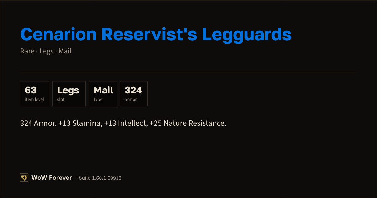 The preview card for Cenarion Reservist's Legguards (+13 Stamina, +13 Intellect, +25 Nature Resistance)