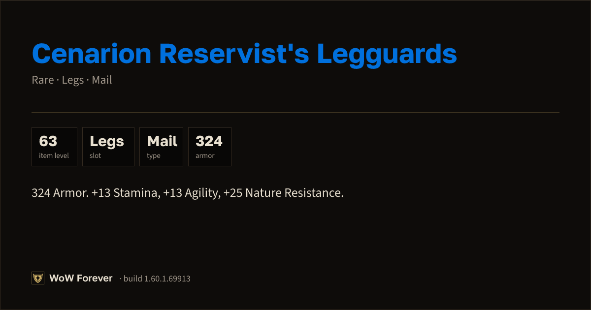 The preview card for Cenarion Reservist's Legguards (+13 Stamina, +13 Agility, +25 Nature Resistance)