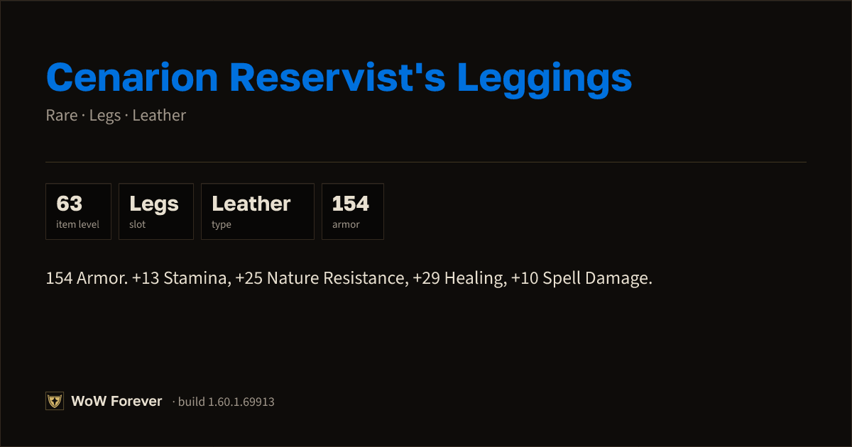 The preview card for Cenarion Reservist's Leggings (+13 Stamina, +25 Nature Resistance, +29 Healing, +10 Spell Damage)