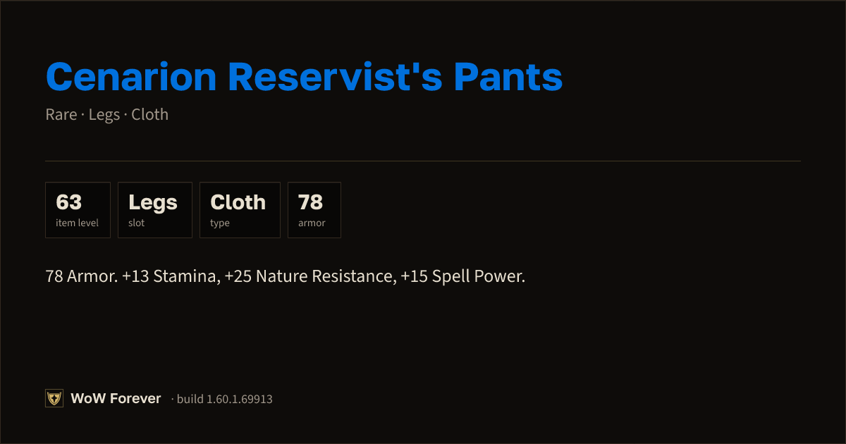 The preview card for Cenarion Reservist's Pants - Rare Cloth Legs
