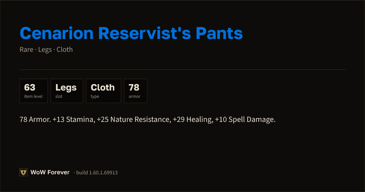 The preview card for Cenarion Reservist's Pants (+13 Stamina, +25 Nature Resistance, +29 Healing, +10 Spell Damage)