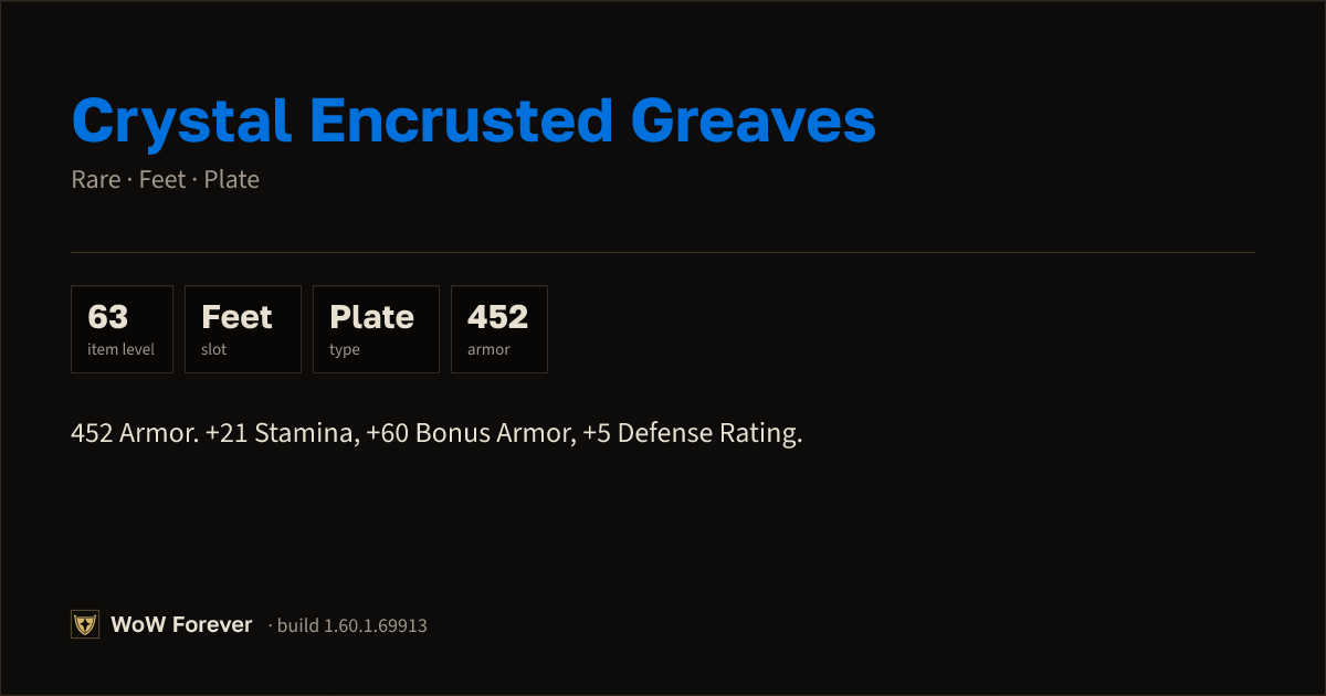 The preview card for Crystal Encrusted Greaves - Rare Plate Feet
