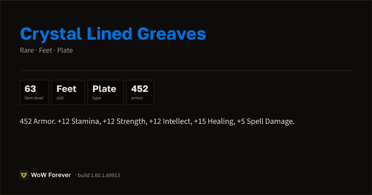 The preview card for Crystal Lined Greaves - Rare Plate Feet