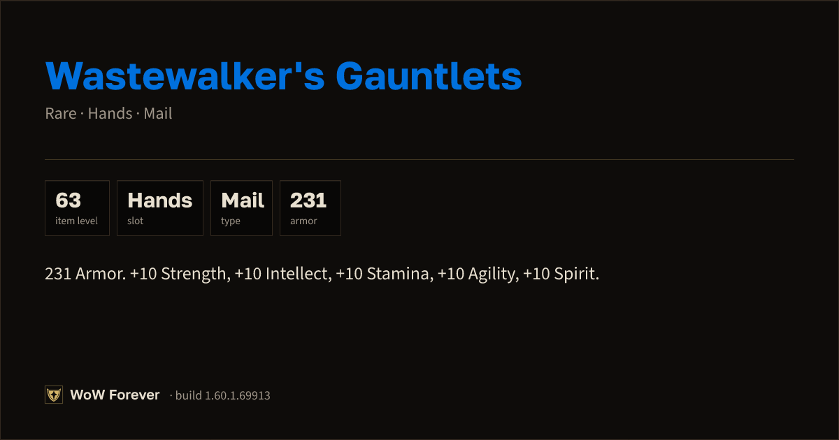 The preview card for Wastewalker's Gauntlets - Rare Mail Hands