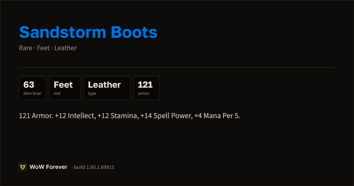 The preview card for Sandstorm Boots - Rare Leather Feet, Item Level 63