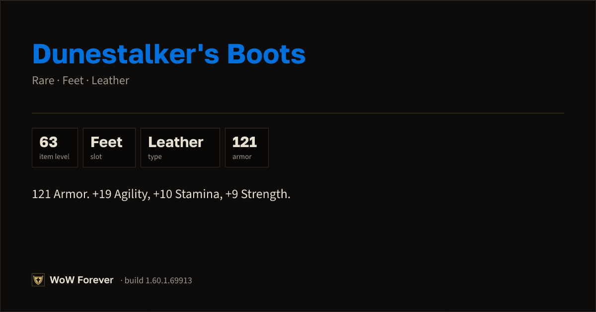 The preview card for Dunestalker's Boots - Rare Leather Feet