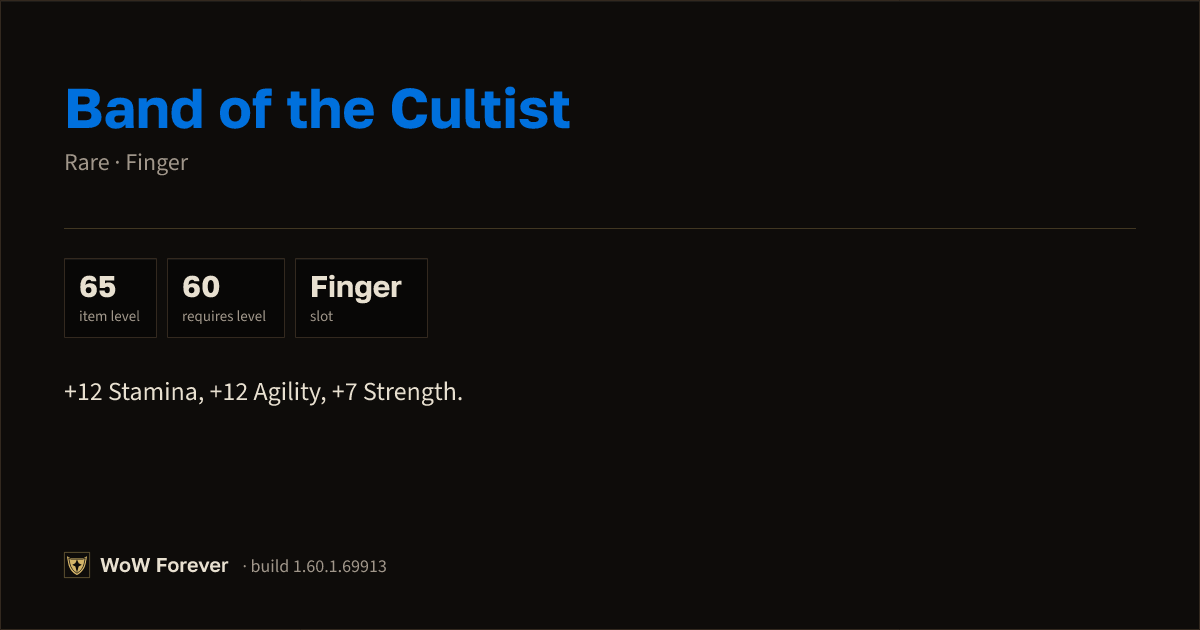 The preview card for Band of the Cultist - Rare Ring, Item Level 65