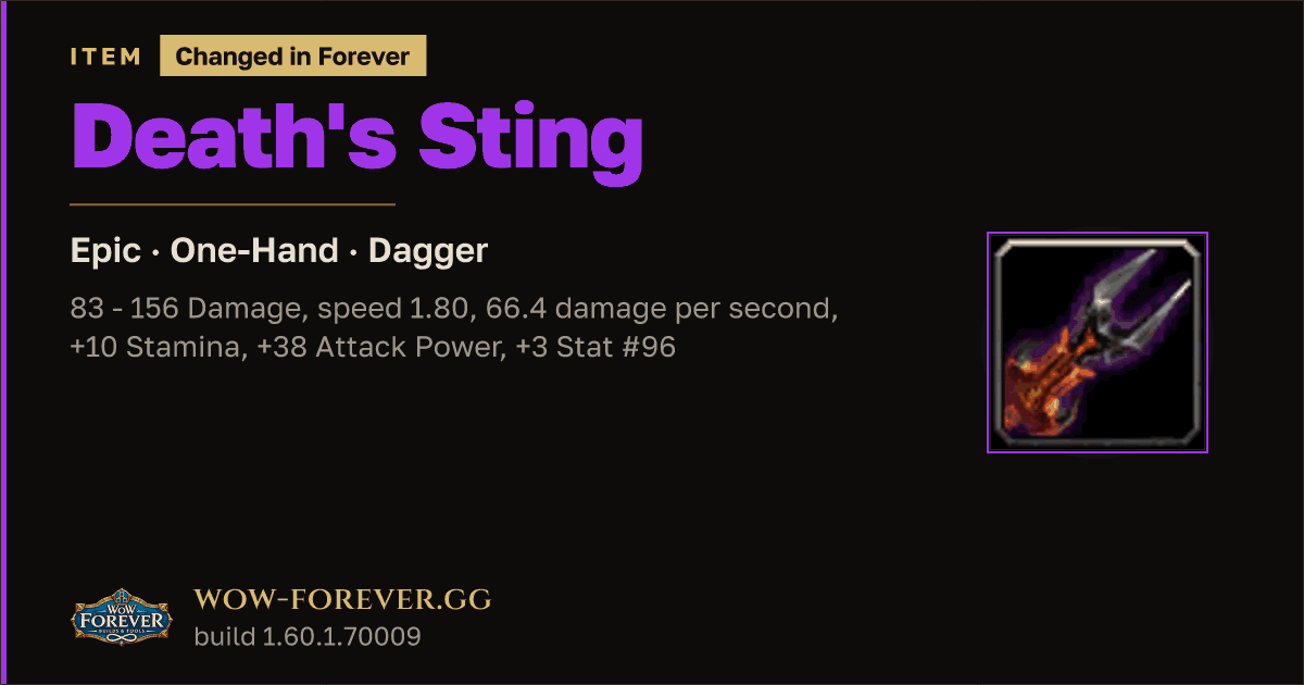 The preview card for Death's Sting - Epic One-Hand Dagger, Item Level 84