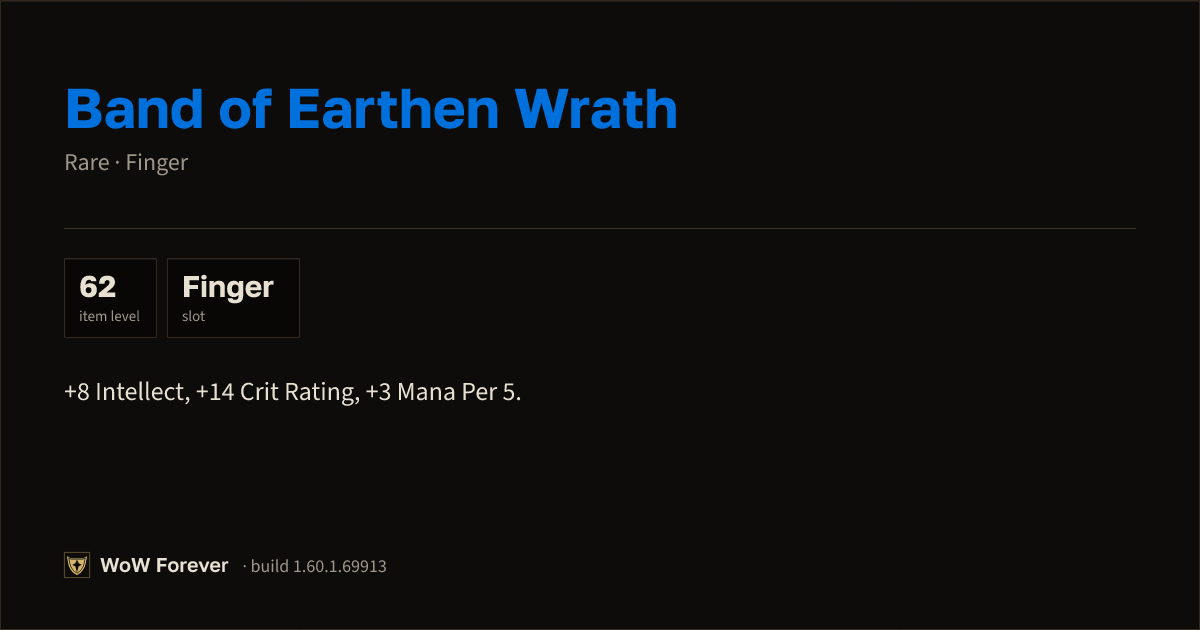The preview card for Band of Earthen Wrath - Rare Ring, Item Level 62