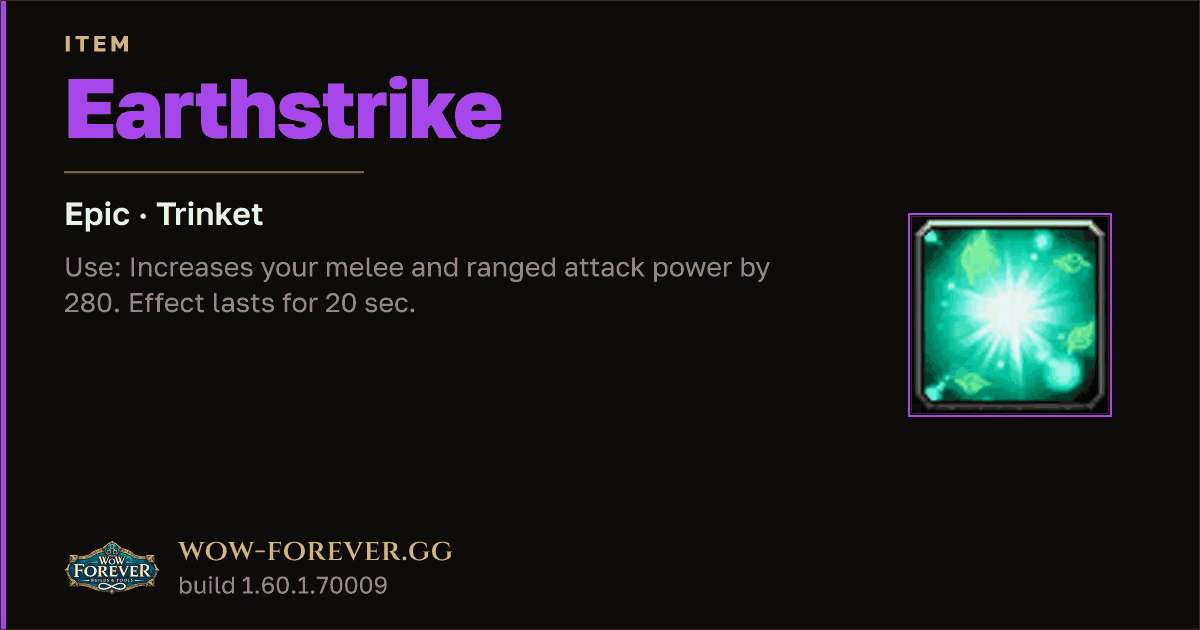 The preview card for Earthstrike - Epic Trinket, Item Level 66