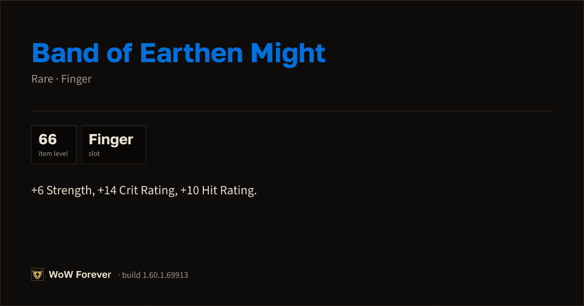 The preview card for Band of Earthen Might - Rare Ring, Item Level 66