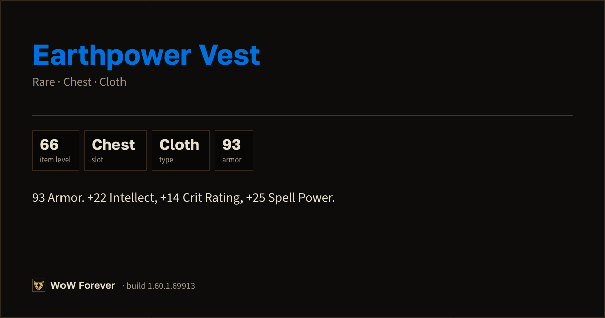 The preview card for Earthpower Vest - Rare Cloth Chest, Item Level 66