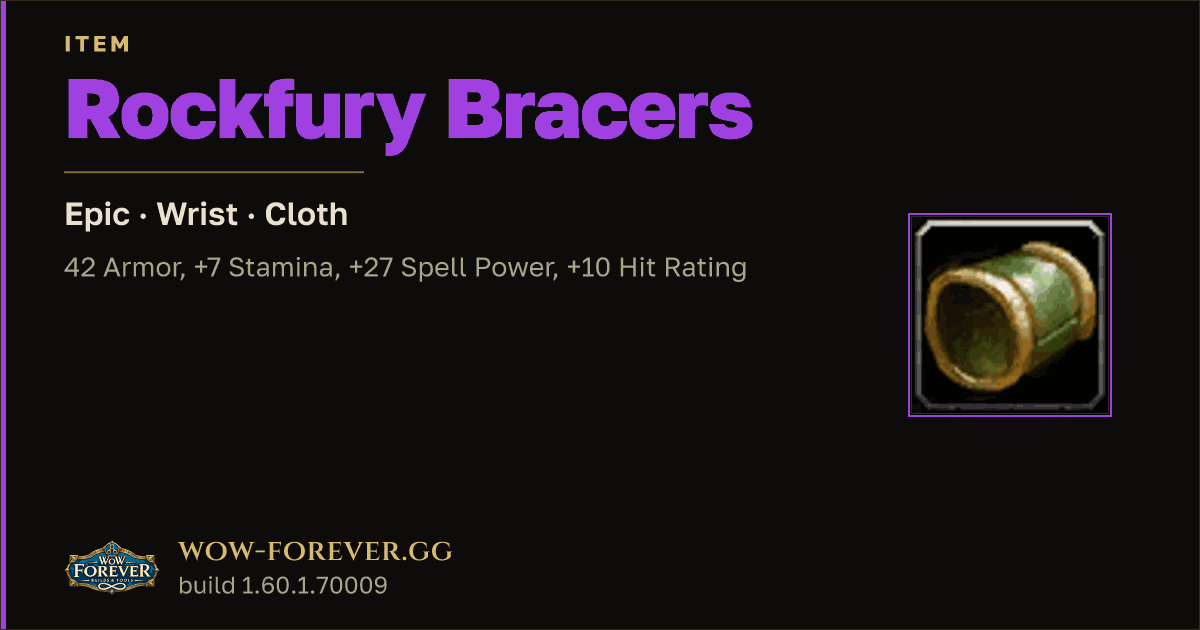 The preview card for Rockfury Bracers - Epic Cloth Wrist, Item Level 62
