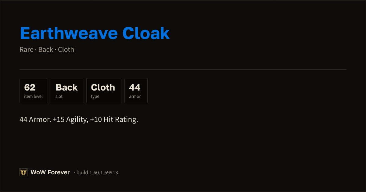 The preview card for Earthweave Cloak - Rare Cloak, Item Level 62