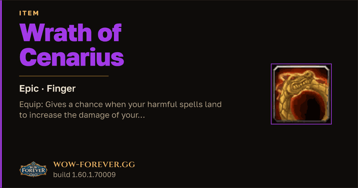 The preview card for Wrath of Cenarius - Epic Ring, Item Level 66