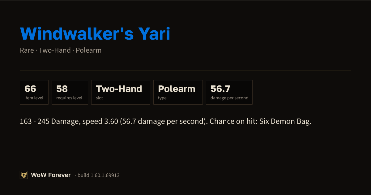 The preview card for Windwalker's Yari - Rare Two-Hand Polearm