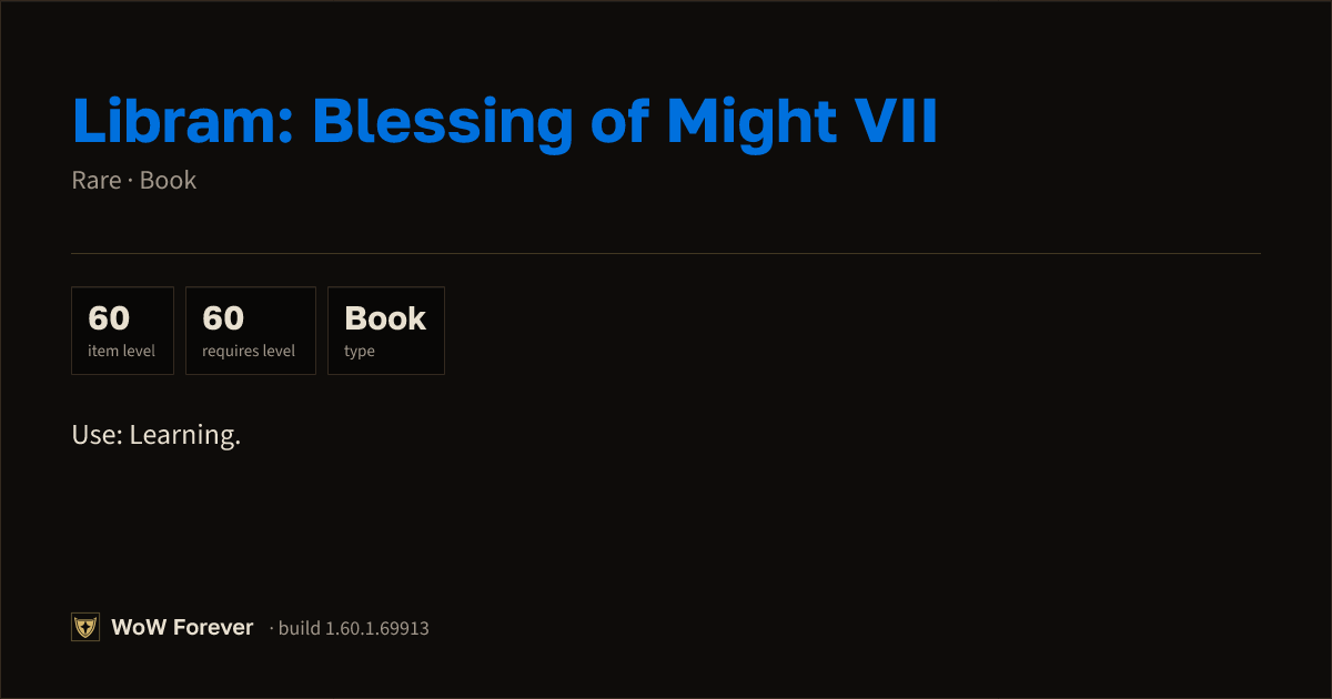 The preview card for Libram: Blessing of Might VII - Rare Book